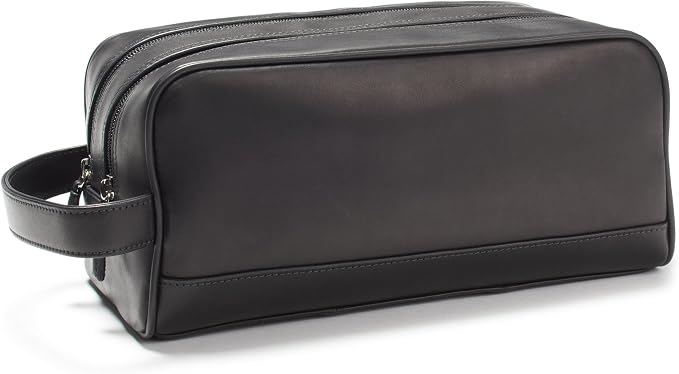 Leatherology Premium Black Oil Double Zip Toiletry Bag – Full-Grain Leather Men's Dopp Kit with Dual Compartments, Water-Resistant Lining & Top-Stitched Handle - Image 2