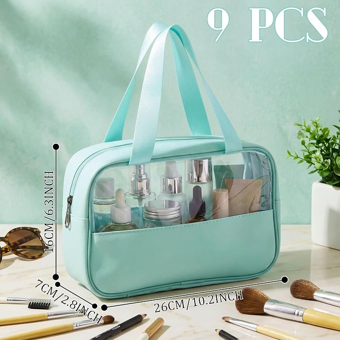 Buryeah Translucent Make up Bag Toiletry Organizer for Women Men Waterproof Portable Cosmetic Travel Bag with Hanging Handles Travel Storage Carry Pouch Gifts for Bridesmaid(9 Pcs,Green) - Image 2