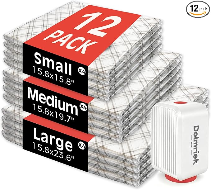 12pcs Vacuum Seal Bags for Clothing Travel, Cordless Pump, Carry-on Size Compression Packing Bags, 4000Pa Suction & 2000mAh Battery, Vacuum Storage Bags for Clothes, Luggage, Suitcase, Space Saver by DolmriekTravelVacuumBags