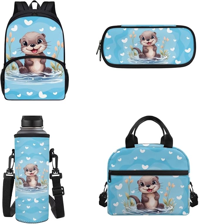 Children Schoolbag Set 4Piece Set Cartoon Otter Backpack with Lunchbox+Pencil Case+Water Bottle Carrier Bag for Boys Girls Kindergarten Bookbag Personalize Otter Backpack Custom Name - Image 2