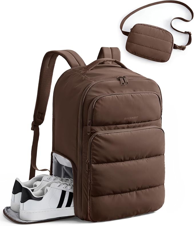 BAGSMART 35L Travel Backpack for Women, 17.3" Carry-On Personal Item | Flight Approved, 180° Opening, Wet/Dry Pocket, Free Crossbody Bag, Shoe Compartment, Luggage Sleeve, Water Resistant by BAGSMART