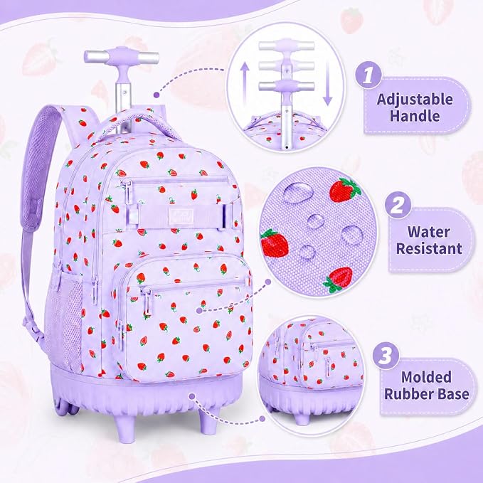 3Pcs Rolling Backpack for Girls, School Roller Bookbag with Wheels, Strawberry Wheeled Backpacks Set for Women (Purple) - Image 6