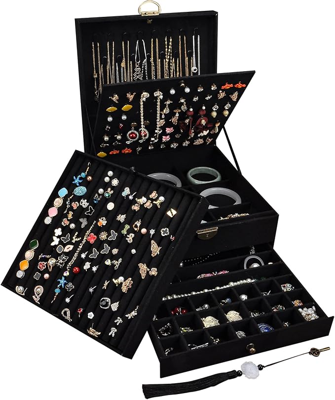 Jewelry Organizer 5 Layers Velvet Square Jewelry Box Women Necklace Ear studs Display Bangles Large Jewelry Storage Case Drawer GY306 (Black) by GYJOYERO