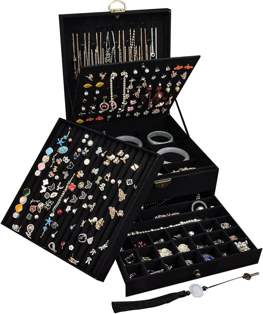Jewelry Organizer 5 Layers Velvet Square Jewelry Box Women Necklace Ear studs Display Bangles Large Jewelry Storage Case Drawer GY306 (Black) by GYJOYERO