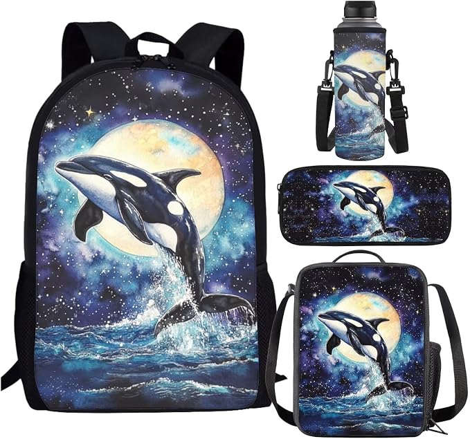 Killer Whale Backpack for School Girls 3rd Grade Preppy Galaxy Kids Bookbag with Lunch Box Set Moon 4 in 1 Primary Back Pack Lunch Bag Pencil Case Book Bags Lunchbox Water Bottle Holder by SCRAWLGODDreamWardrobe