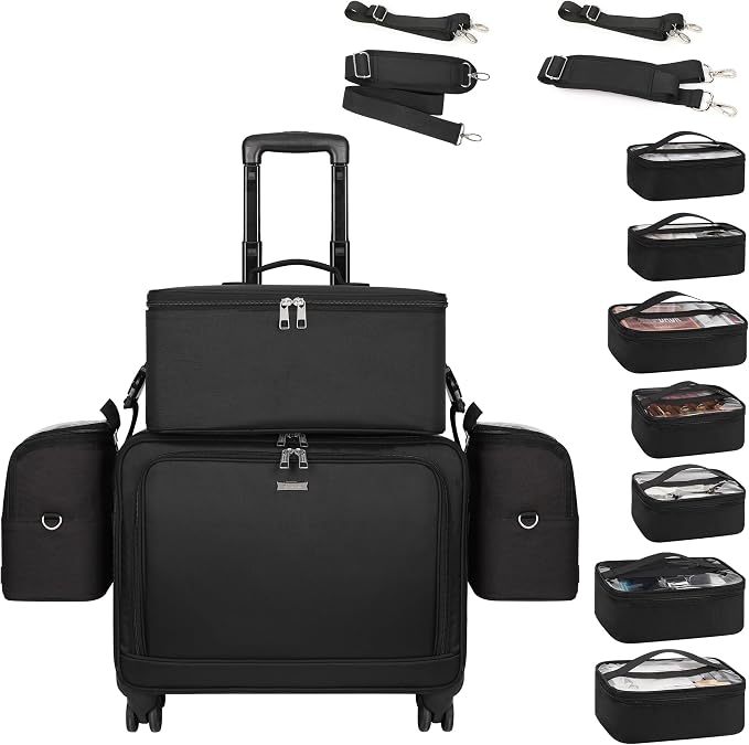 TANTO Rolling Makeup Train Case, 4 in 1 Extra Large Cosmetology Case on Wheels Professional Salon Travel Cosmetic Organizer for Makeup Artists with 7 Pouches, Adjustable Dividers & Swivel Wheels by TANTO