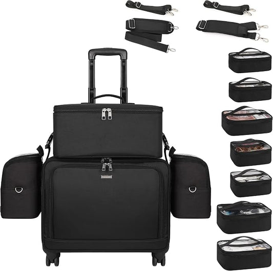 TANTO Rolling Makeup Train Case, 4 in 1 Extra Large Cosmetology Case on Wheels Professional Salon Travel Cosmetic Organizer for Makeup Artists with 7 Pouches, Adjustable Dividers & Swivel Wheels by TANTO