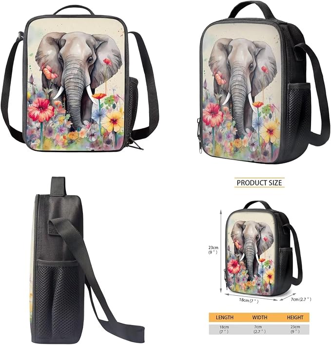 Backpack Set for Student Retro Floral Elephant Print Schoolbag Large Capacity Bookbag Lunch Kits Pencil Case 17 Inch Travel Laptop Backpacks Rucksack Fashion Daypack for Outdoor - Image 4