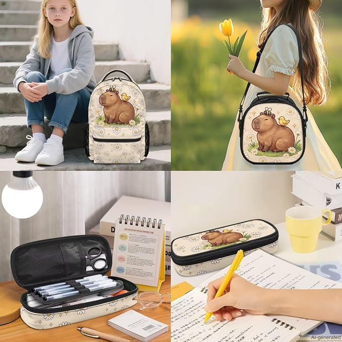 Girls Capybara Backpack Set 4-Piece and Lunch Box, Pencil Case – Cute Lightweight School Bag for Kids Ages 5-12, Kindergarten Elementary Pockets Back to School Bookbag with Front Zip - Image 2