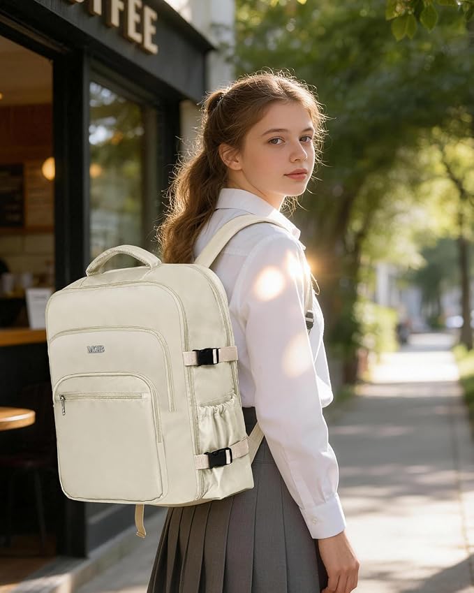 Travel Backpack for Women & Men, Carry On Personal Item Bag Flight Approved, Large Waterproof Laptop Backpack for Travel, Overnight, College & Commuting Beige - Image 8