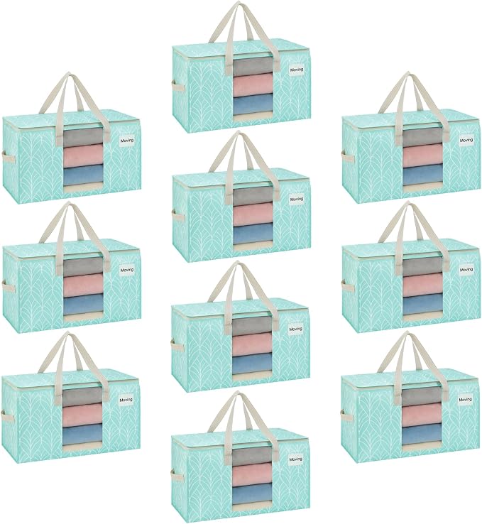 VENO 10 Pack Heavy Duty Moving Bags, Clothes and Comforter Storage Bags with Clear Window, College Dorm Essentials Packing Supplies, Foldable Boxes Alternative (Evergreen, 10 Pack) by Veno