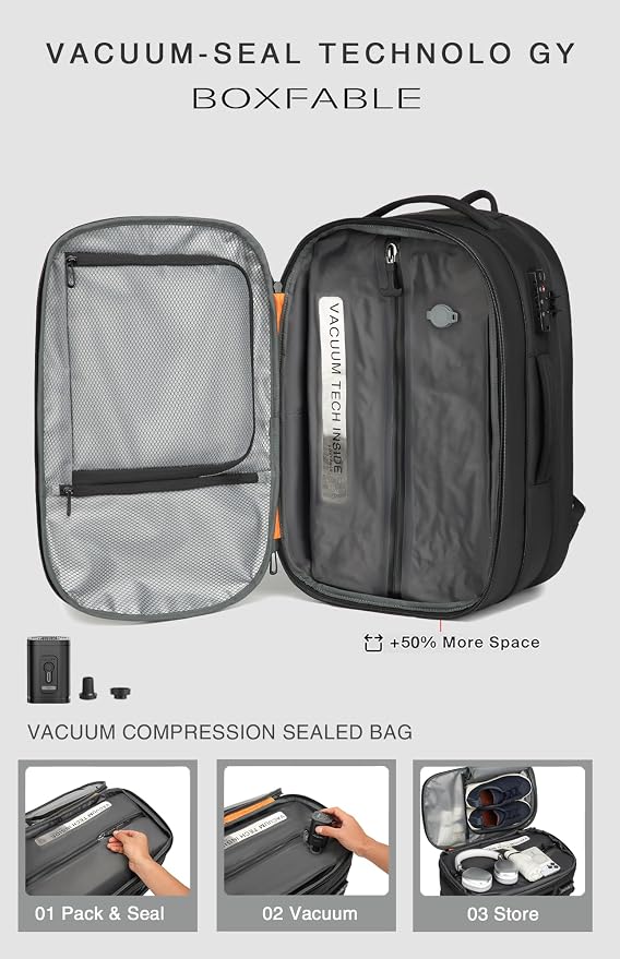 Vacuum Seal Travel Backpack 45L with Pump, Expandable Carry On Backpack with Air Compression System, Water Resistant TSA Lock, Fits 16" Laptop for Travel - Image 3