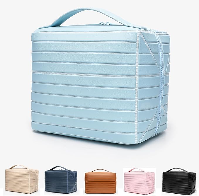 Makeup Bag Fold-Down – Waterproof PVC Travel Makeup Organizer Bag, Fold Down & Stand-Up Design, Large Capacity, Holds Brushes, Cosmetics & Toiletries for Travel, Gym, Home (Blue) by Unknown