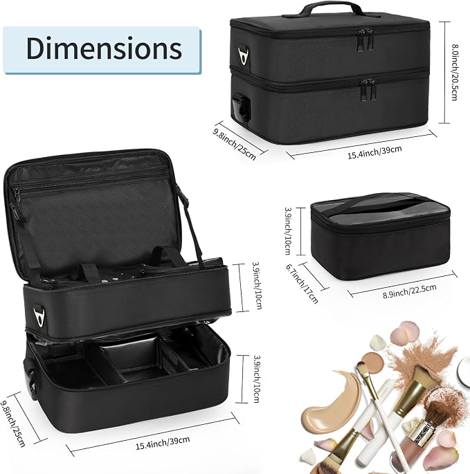 Extra Large Makeup Case, Professional Makeup Artist Traveling Bag, Double Layer Lightweight XL Makeup Travel Case Organizer for Artist Hairstylist Crafters with 2 Detachable Pouch & Shoulder Strap - Image 4