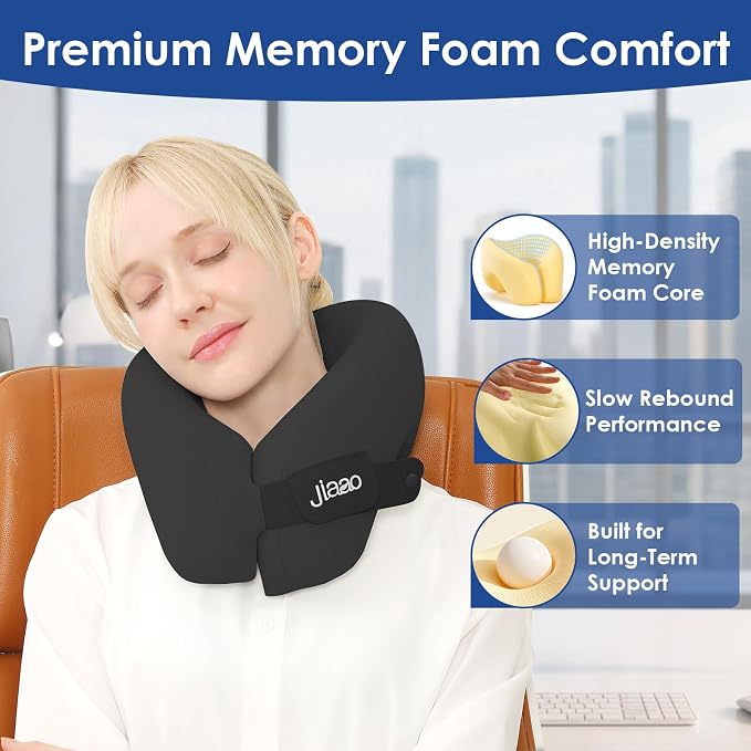 jiaao Travel Pillow Memory Foam Neck Pillow for Airplanes | Adjustable Neck Support | Eye Mask, Earplugs & Storage Box | Flights, Road Trips, Car, Train & Home Use - Image 3