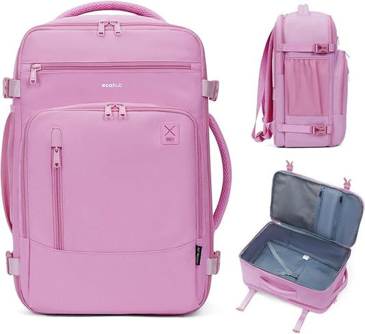 ECOHUB 17" Small Travel Backpack, United Airlines Personal Item Bag 17x10x9 with 16 Pockets, Water Resistant Rucksacks Fit 15.6" Laptop, AirTag Pocket, Lightweight Casual Daypack, 25L, Pink by ECOHUB