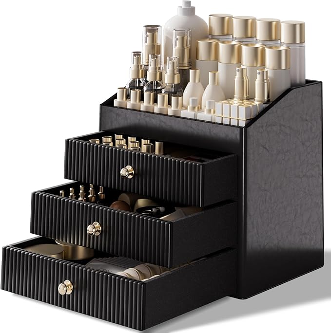 LADSTAG Cosmetic Organizer,Luxury Make up Organizer with 3 shelf Drawers,Black Large Capacity Makeup Organizers for Skincare,Brushes, Dresser,Bedroom,Bathroom,Birthday Gifts for Mom by LADSTAG