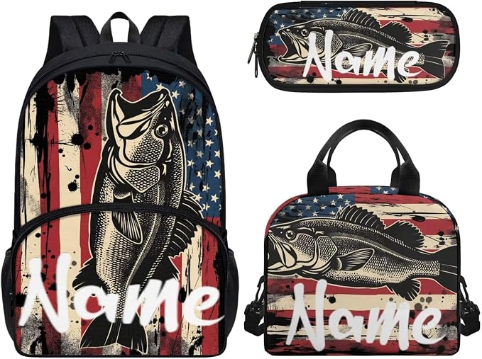 American Flag Fish Backpack for Boys Girls Personalized Custom Your Kids Name School Backpack with Lunch Box Pencil Case 3 Pieces Set Add Your Name on School Bag by Wideasale