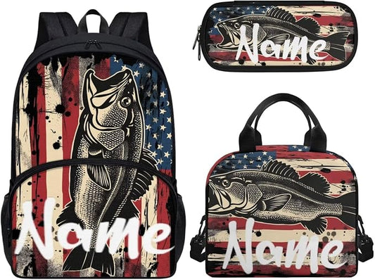 American Flag Fish Backpack for Boys Girls Personalized Custom Your Kids Name School Backpack with Lunch Box Pencil Case 3 Pieces Set Add Your Name on School Bag by Wideasale
