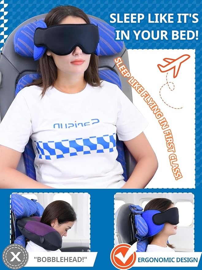 SARISUN Travel Pillows for Airplanes, Airplane Pillow with Sleeping Eye Mask, Travel Neck Pillow for Car, Road Trip Car Headrest, 2-Pack Airplane Travel Essentials, Black and Mottled Blue - Image 2
