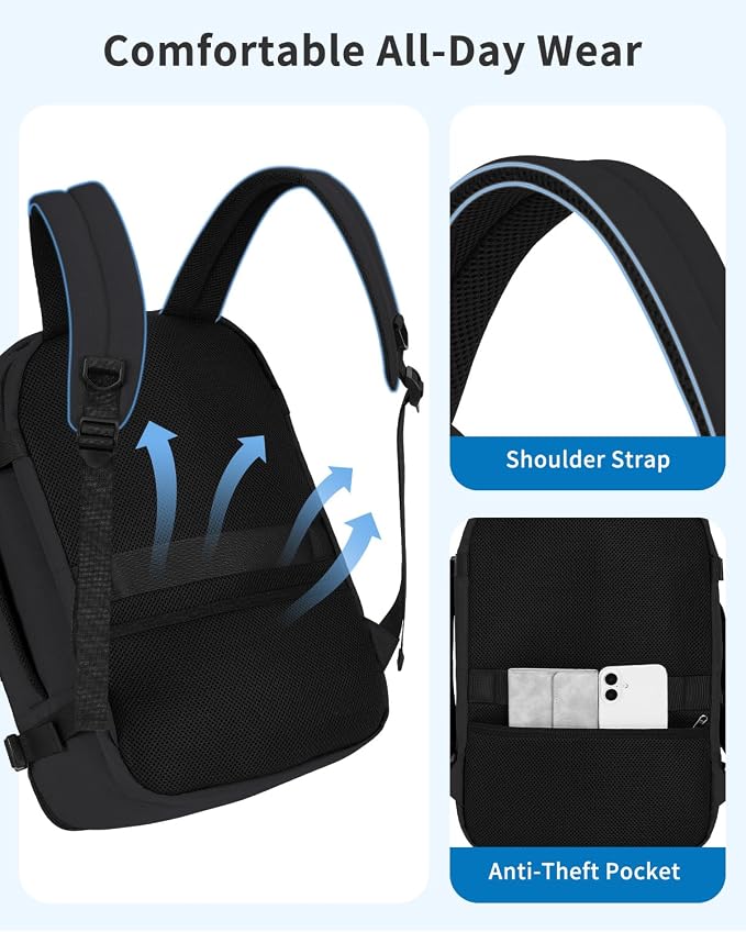 WANDF Travel Backpack For Spirit Airlines Personal Item Bag 18x14x8 with Wet Pocket, 17 Inch Laptop Backpack for Men Women | Frontier Airline Underseat Fit, Fits 17" Laptop, 180°Opening, Travel Backpack - Image 7