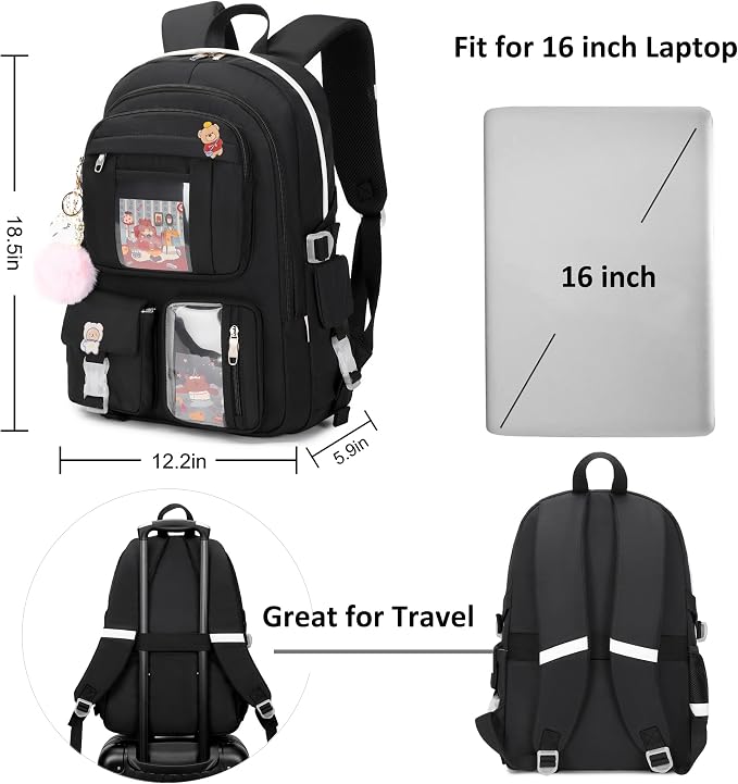 Laptop Backpacks 16 Inch School Bag College Backpack 3 PCS with Lunch Box Pencil Pouch Set Large Travel Daypack Kawaii Bookbags for Teens Girls Women Students (Black) - Image 7