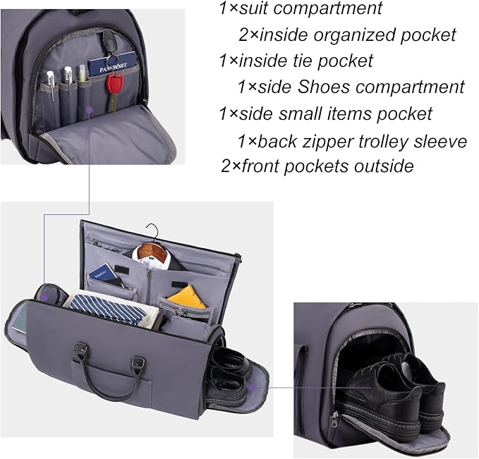 Modoker Garment Convertible Weekender Bag,Carry on Canvas Garment Duffle Bag Heavy Duty Overnight Bags for Men Women, Grey - Image 3