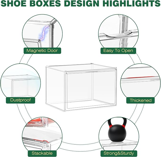 4 Pack X-Large Shoe Boxes Size 14, Clear Acrylic Handbag Storage Box Sneaker Display Case Shoes Containers with Magnetic Door Acrylic Display Case Organizer for Closet - Image 3