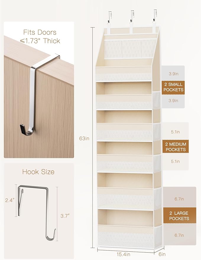 Criusia Over the Door Organizer, 6-Shelf Closet Hanging Storage with 13 Mesh Pockets, 55lbs Capacity Behind the Door Storage for Baby Nursery, Bathroom, Bedroom, and Dorm, Beige - Image 2