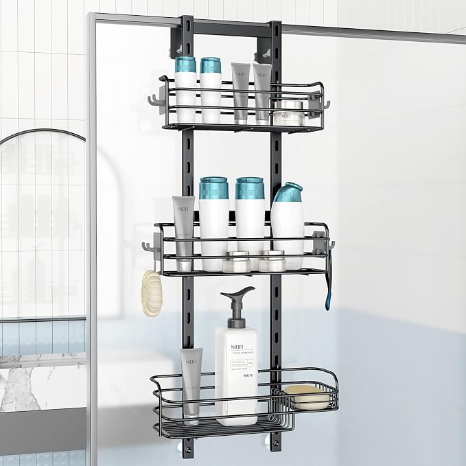 Nieifi Over The Door Shower Caddy, Adjustable Hanging Shower Organizer | Adjustable hanging baskets, 4 hooks, large capacity, rustproof steel, pantry organizer, drill free, for bathroom, black by Nieifi