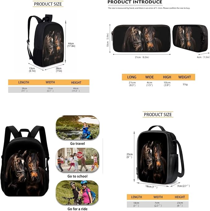 Mumeson Brown Horse 3 in 1 Backpacks Set Large Capacity Bookbag Schoolbags Rucksack with Lightweight Lunch Bag Mini Pencil Case,Lightweight Bookbag Set for Student - Image 5