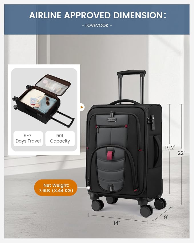 Carry On Luggage 22x14x9 Airline Approved, 22-Inch Suitcases with Spinner Wheels, Softside Carry-on Luggage with TSA Lock for Men Women Business Trip, Lightweight Large Capacity Luggage for Travel - Image 4