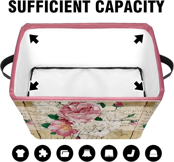 Vintage Rose Floral Foldable Baskets Storage Bins with Handles, Decorative Cloth Organizer Storage Boxes 2 sets - Image 5