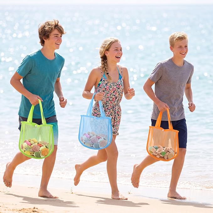 Kinlop 8 Pcs Mesh Beach Bag with Multiple Mesh Pockets Foldable Beach Tote Pastel Colors Shell Collecting Bag Family Travel Vacation Essentials for Family Travel Toys Camping Pool Gear Sports - Image 5
