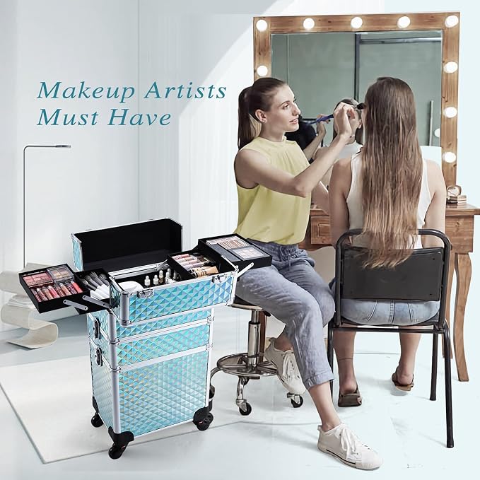 Faquenc 3 in 1 Rolling makeup case Cosmetology Case on Wheels Train Case Makeup Organizers Storage Cart Cosmetic Trolley Travel Barber Suitcase for Make up Artist Nail Tech Hair Lockable, Shiny Mint - Image 2