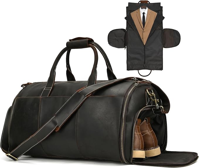 Full Grain Genuine Leather 2 in 1 Garment Dufflel Bag for Men Foldable Suit Carrier with Independent Shoe Compartment, Large Capacity Weekender Travel Bag for Business Trips, Dark Brown by Unknown