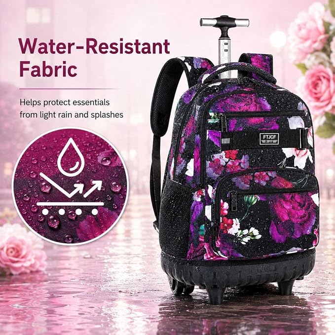 3Pcs Rolling Backpack for Girls, 19 Inche Rose Roller Bag with Wheels, Adults Wheeled Bookbag Set for Women(Black) - Image 3
