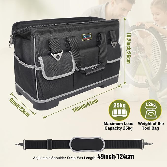 Tool Bag, Ounic 16 Inch BigTool Tote Bag Heavy Duty With Waterproof Molded Base, Wide Mouth Tool Box Organizer with Adjustable Shoulder Strap for Electrician Mechanic Craftsman Plumbers(Black) - Image 2