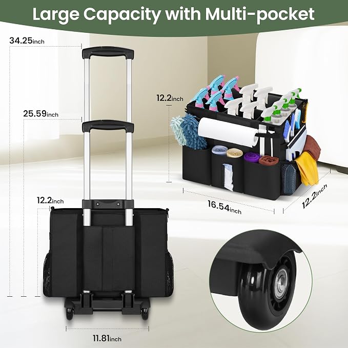 Large Rolling Cleaning Caddy with Detachable Trolley, Cleaning Supply Organizer Bag with Wheels & Multi-Pockets, Water-Resistant Cleaning Cart on Wheels for Housekeeping, Cleaner - Image 7
