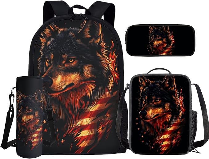 GIFTPUZZ Cool Wolf American Flag Backpack Set for Elementary Boys | Patriotic School Bag Set, 4 Piece Large Capacity Bookbag with Lunch Box, Pencil Case, Water Bottle Sleeve, Outdoor Travel - Image 2