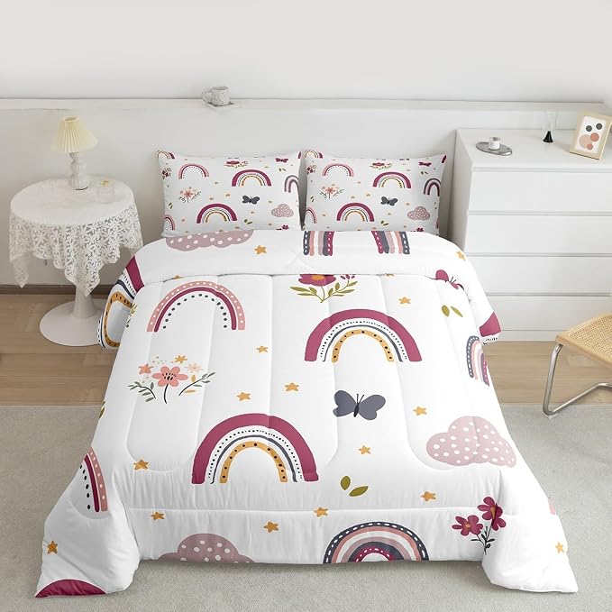 Erosebridal Rainbow Quilt for Kids, Kawaii Flower Comforter Set Cute Butterfly Duvet Insert Queen Size for Girls Boys Children Bedroom Decor, Hand Drawn Iridescent Bedding Set with 2 Pillow Cases - Image 3