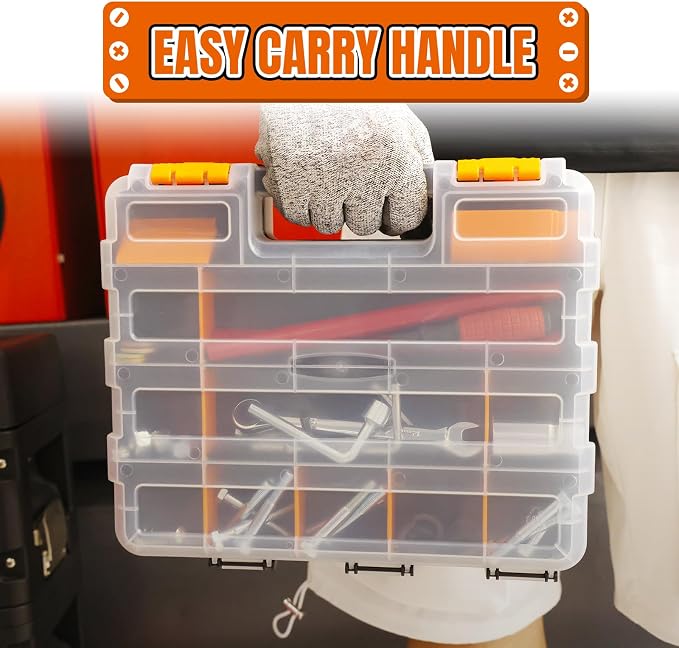 Generic Tool Box with Transparent Lid, Double Side 34-Compartments Organizer Box with Removable Dividers for Hardware, Screws, Bolts, Nails, Beads, Jewelry and Fishing Accessories, Orange, 4 Packs - Image 7