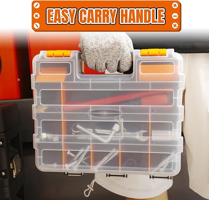Tool Box with Transparent Lid, Double Side 34-Compartments Organizer Box with Removable Dividers for Hardware, Screws, Bolts, Nails, Beads, Jewelry and Fishing Accessories, Orange, 2 Packs - Image 7
