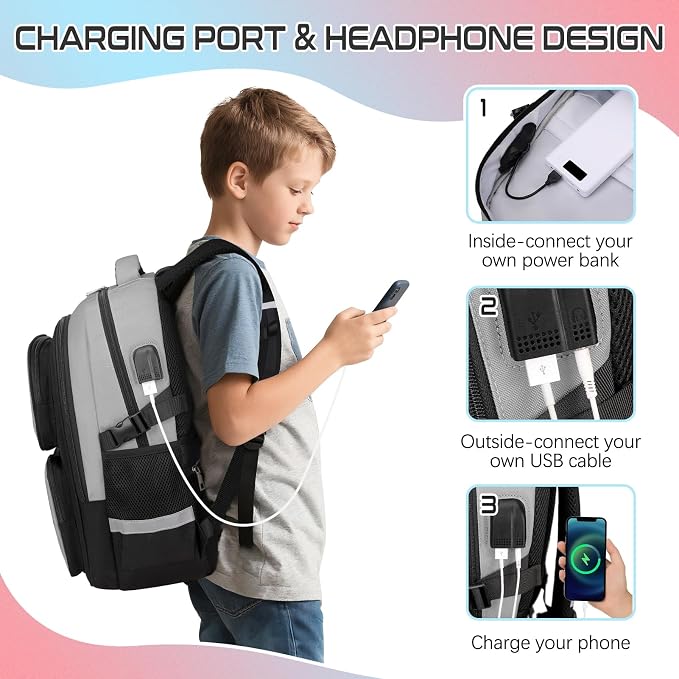 Jafeton Gamer Backpack for Boys, 3PCS Boys Backpack with Lunch Box & Pencil Pouch, Waterproof School Bags for Boy Kids Children Teens, Elementary Middle School, Kids Book Bag Casual Daypack (Gray) - Image 7