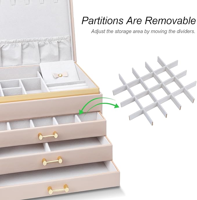 Large Jewelry Box, 4-Layer Leather Organizer, Apricot | 3 Drawers, Display Case, For Women Girls - Image 9