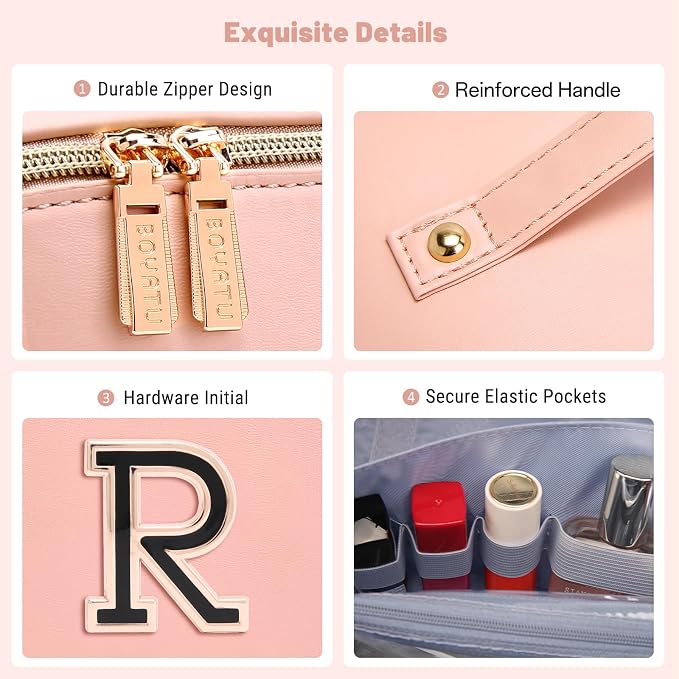 BOYATU Makeup Bag Gift for Women: 3-in-1 Travel Personalized Cosmetic Bag | Initial Make up Bag - Monogram A-Z - Vegan Leather Flat Open Toiletry Organizer - Ideal Gift Set for Birthday Graduation - Image 7