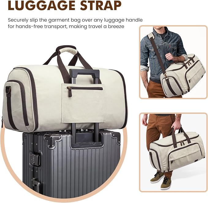 S-ZONE Garment Bag for Travel Convertible Duffle Bag Suit Bag for Men Women | 2-in-1 Hanging Suitcase, with Toiletry Bag, Wet/Dry Pockets, Shoe Compartment, Trolley Sleeve, Carry-on size, Beige - Image 8