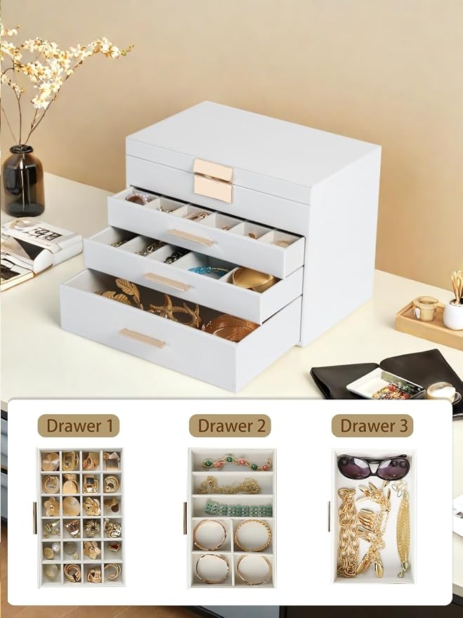 BOOVO Jewelry Boxes for Women, White and Black 6 Layer Large Jewelry Box for Necklace, Bracelet, Earrings, Rings Storage, Jewelry holder Organizer for Girls Gift (White, 5 Layer) - Image 3