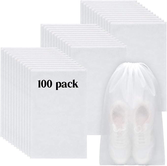 Shappy 100 Pcs White Travel Shoe Bags Non Woven Packing Drawstring Sacks Clear Window Large Storage Pouch Organizer for Men Women by Shappy