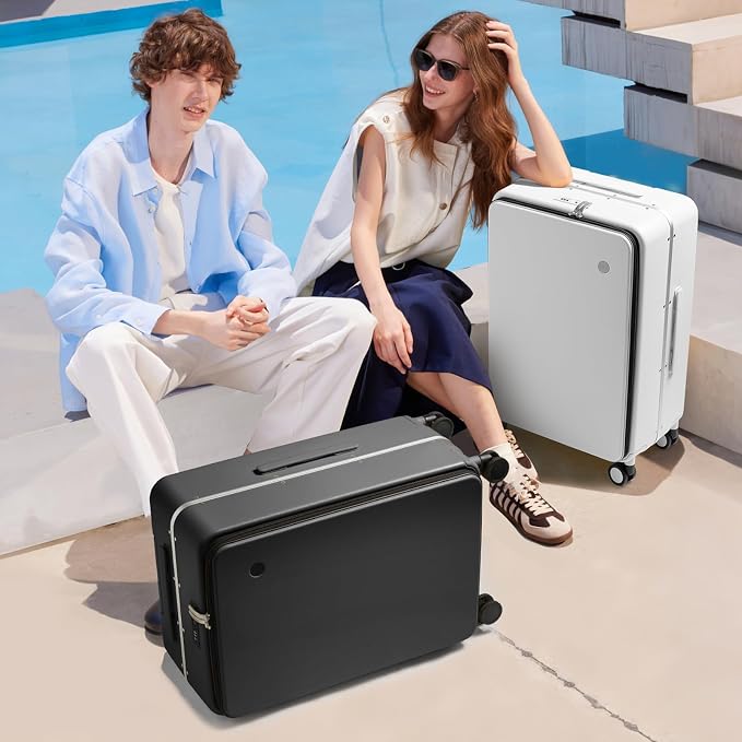 mixi 24 Inch Checked Luggage PC Hard Shell Suitcase Top Opening Aluminum Frame Travel Suitcases with Wheels, Blcak - Image 2